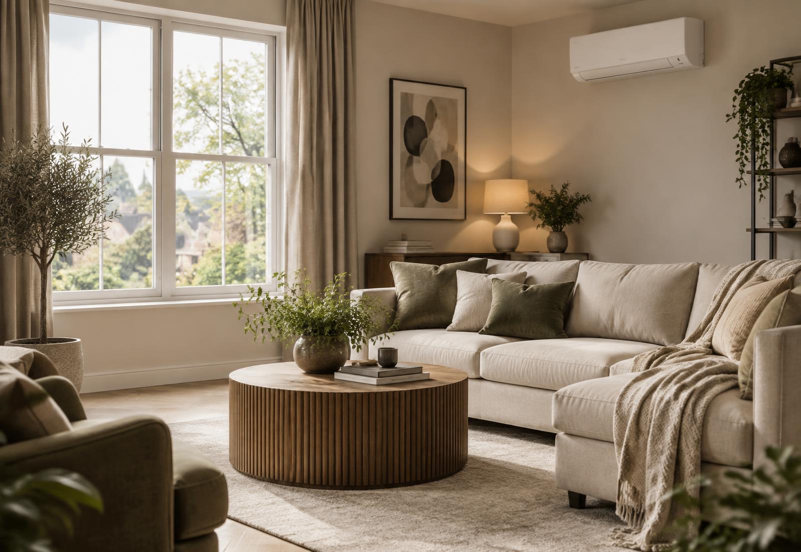 Contemporary UK living room with a discreet wall-mounted air-conditioning unit
